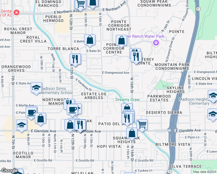 map of restaurants, bars, coffee shops, grocery stores, and more near 7233 North 13th Way in Phoenix