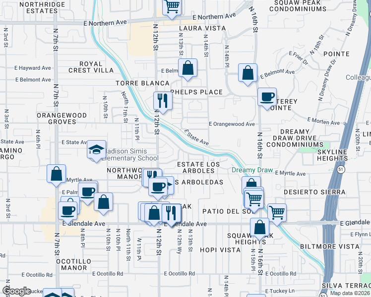map of restaurants, bars, coffee shops, grocery stores, and more near 7237 North 12th Place in Phoenix