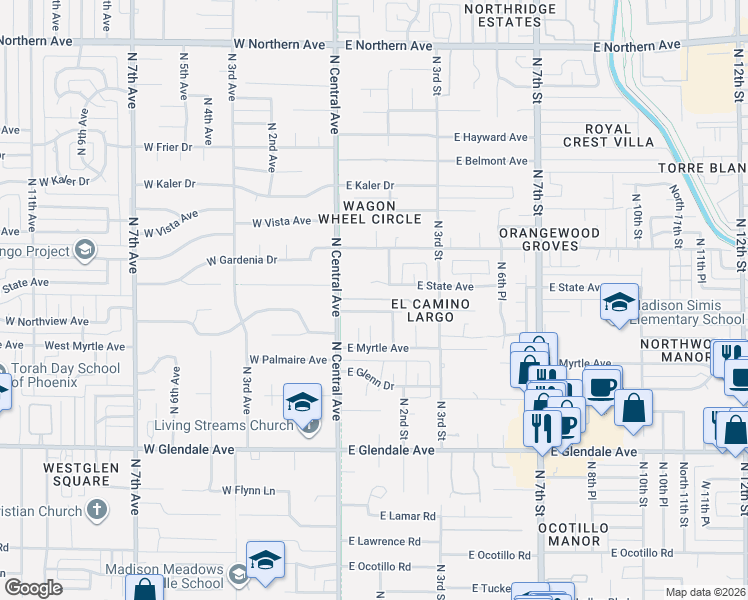 map of restaurants, bars, coffee shops, grocery stores, and more near 19 East Northview Avenue in Phoenix