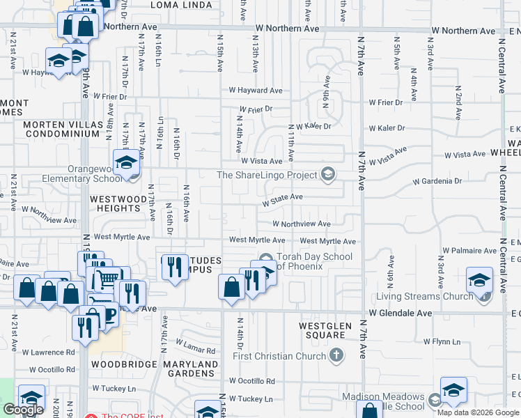 map of restaurants, bars, coffee shops, grocery stores, and more near 7226 North 12th Avenue in Phoenix