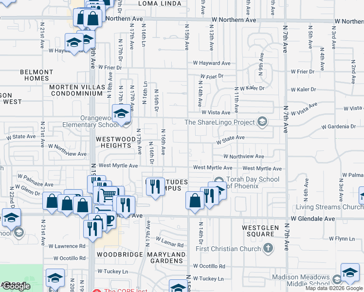 map of restaurants, bars, coffee shops, grocery stores, and more near 7206 North 15th Avenue in Phoenix