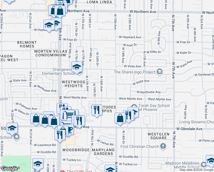map of restaurants, bars, coffee shops, grocery stores, and more near 7206 North 15th Avenue in Phoenix