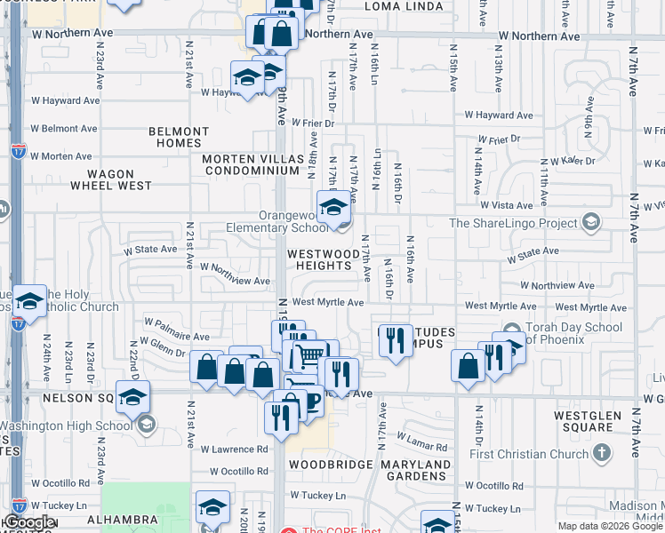map of restaurants, bars, coffee shops, grocery stores, and more near 1723 West Northview Avenue in Phoenix
