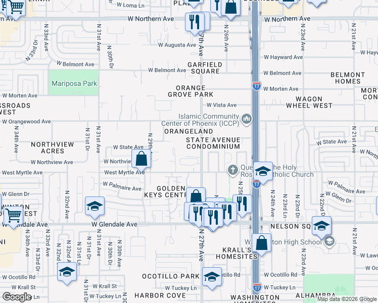 map of restaurants, bars, coffee shops, grocery stores, and more near 7220 North 27th Avenue in Phoenix