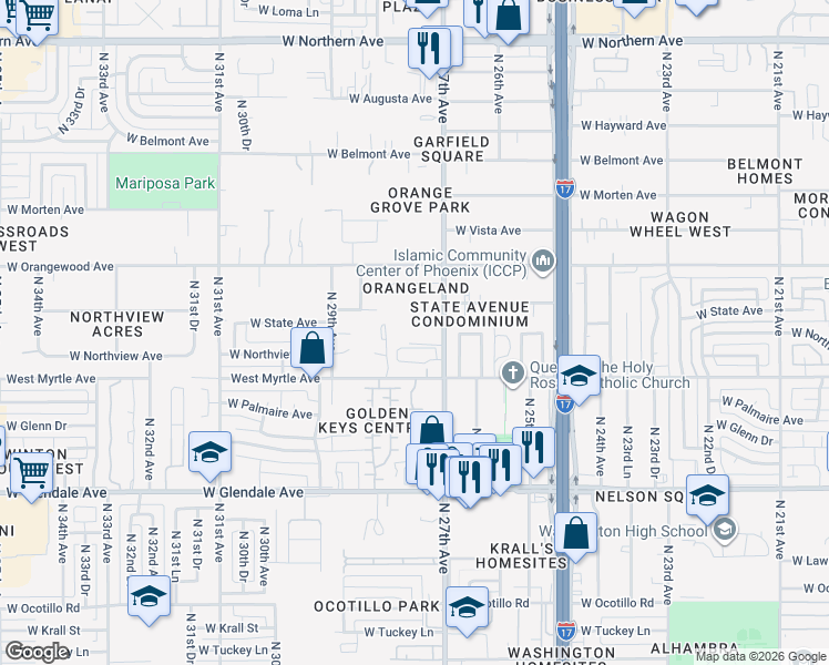 map of restaurants, bars, coffee shops, grocery stores, and more near 7220 North 27th Avenue in Phoenix