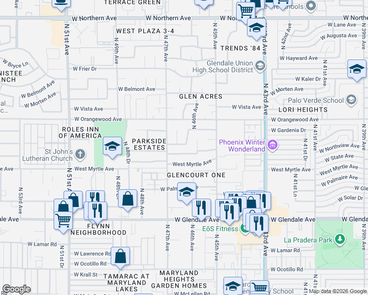 map of restaurants, bars, coffee shops, grocery stores, and more near 4607 West Northview Avenue in Glendale