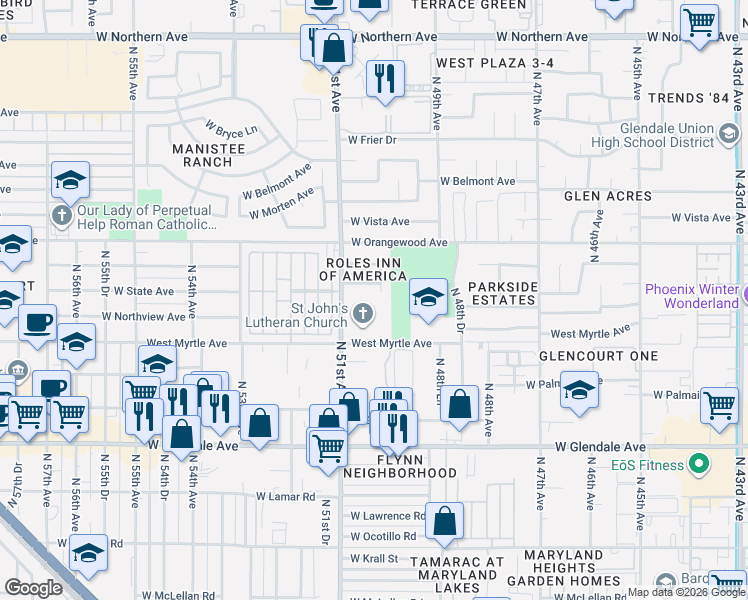 map of restaurants, bars, coffee shops, grocery stores, and more near in Glendale