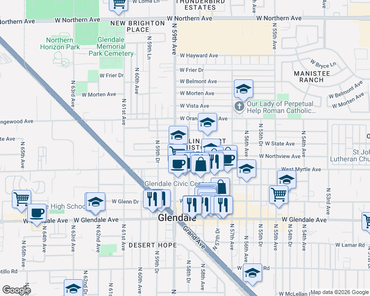 map of restaurants, bars, coffee shops, grocery stores, and more near 7222 North 58th Drive in Glendale
