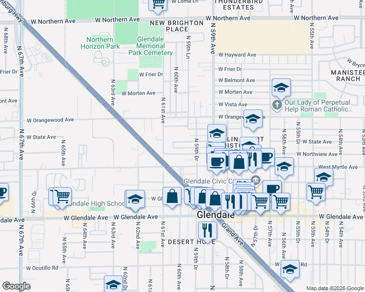 map of restaurants, bars, coffee shops, grocery stores, and more near 6011 West Northview Avenue in Glendale
