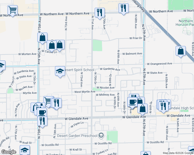 map of restaurants, bars, coffee shops, grocery stores, and more near 7000 West Northview Avenue in Glendale