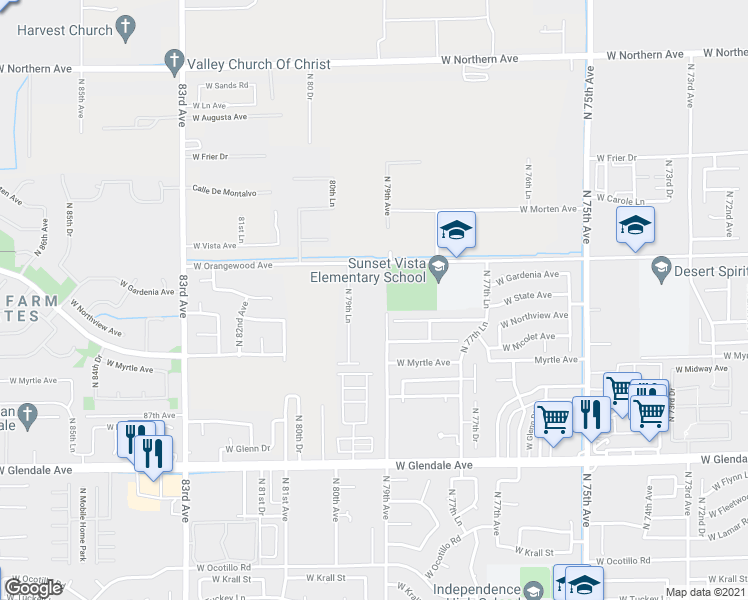 map of restaurants, bars, coffee shops, grocery stores, and more near 7321 North 79th Lane in Glendale