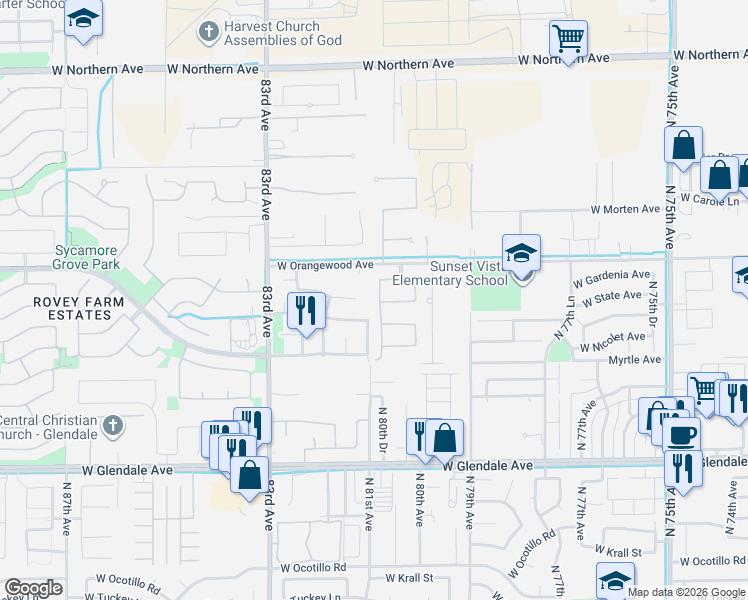 map of restaurants, bars, coffee shops, grocery stores, and more near 8108 West State Avenue in Glendale