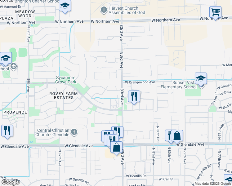 map of restaurants, bars, coffee shops, grocery stores, and more near 7348 North 83rd Avenue in Glendale