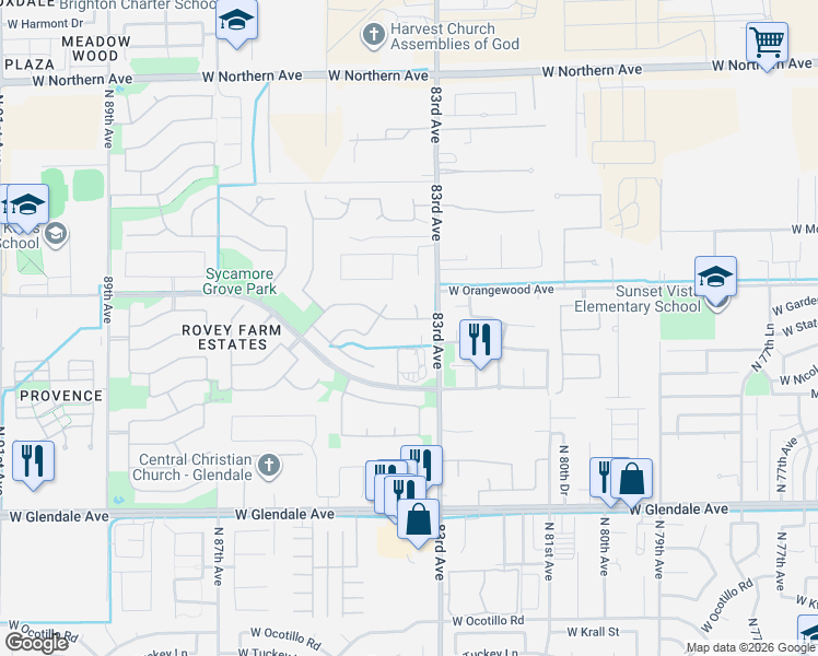 map of restaurants, bars, coffee shops, grocery stores, and more near 7348 North 83rd Avenue in Glendale