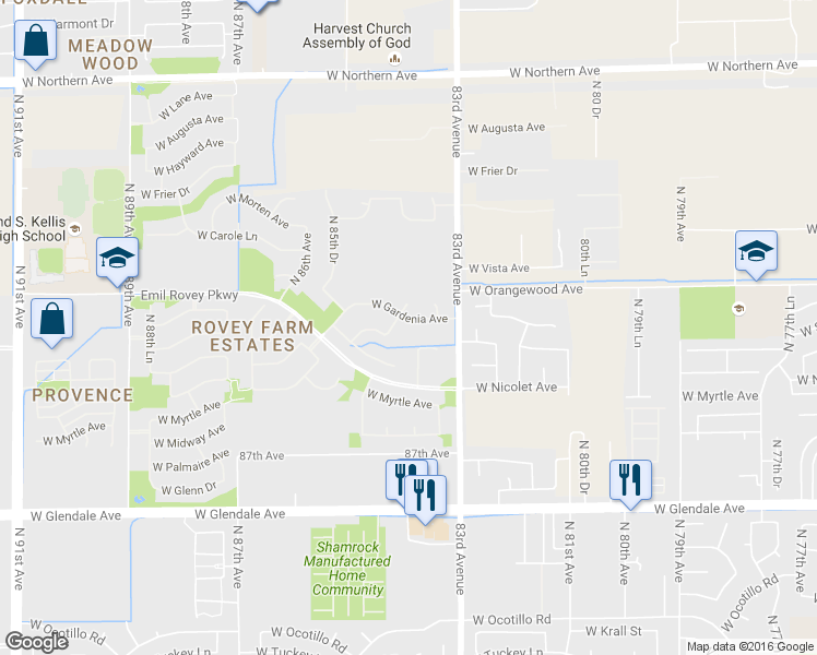 map of restaurants, bars, coffee shops, grocery stores, and more near 8381-8385 West Cotton Blossom Trail in Glendale