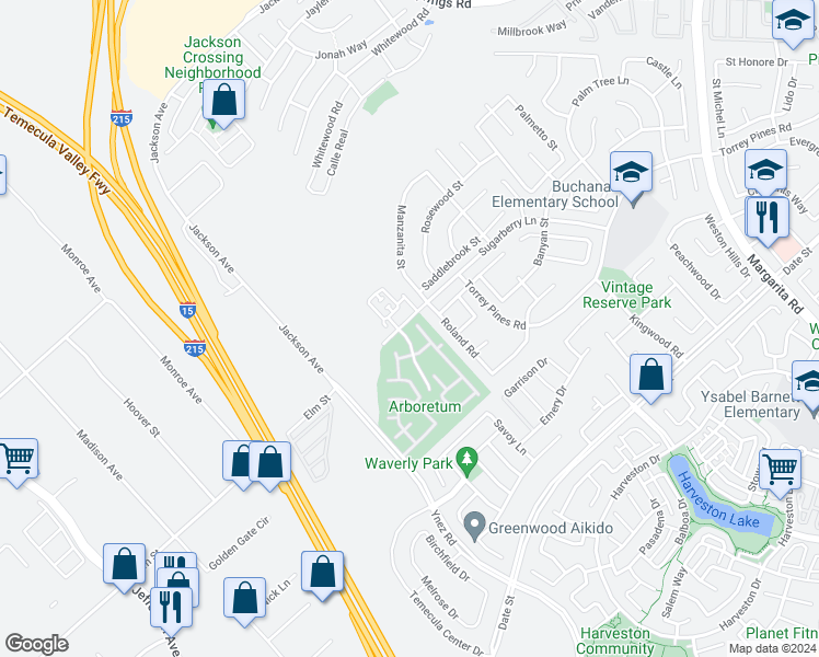 map of restaurants, bars, coffee shops, grocery stores, and more near 26313 Arboretum Way in Murrieta