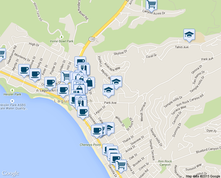map of restaurants, bars, coffee shops, grocery stores, and more near 750 Manzanita Drive in Laguna Beach