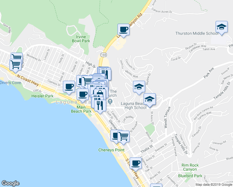 map of restaurants, bars, coffee shops, grocery stores, and more near 421 Loma Terrace in Laguna Beach