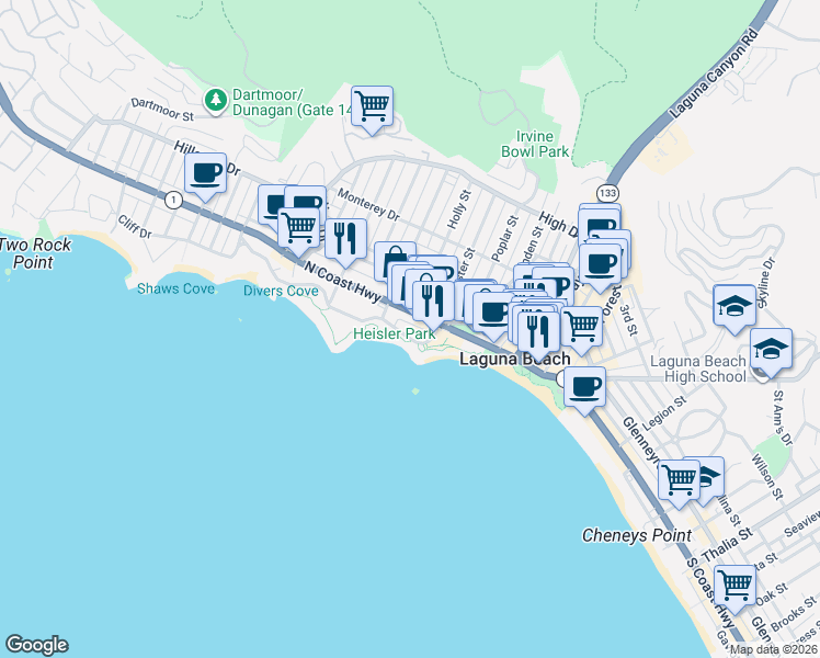 map of restaurants, bars, coffee shops, grocery stores, and more near 361 Cliff Drive in Laguna Beach