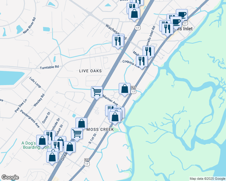map of restaurants, bars, coffee shops, grocery stores, and more near 41 Moss Creek Loop in Murrells Inlet