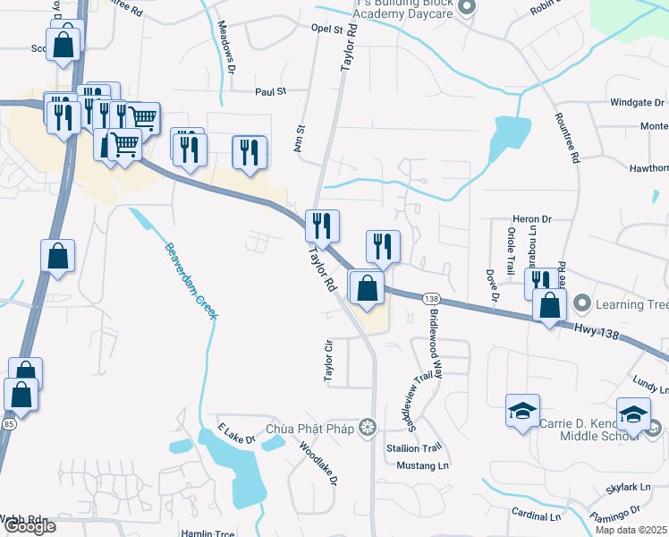 map of restaurants, bars, coffee shops, grocery stores, and more near 326 Highway 138 Southwest in Riverdale