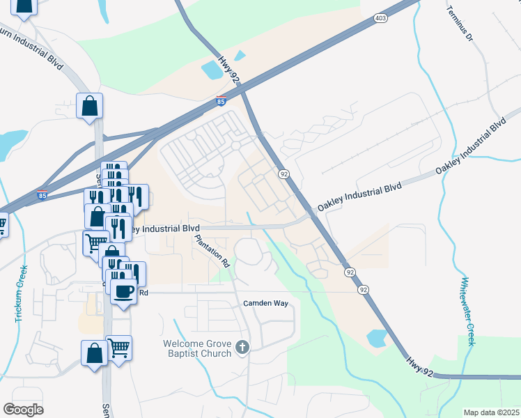 map of restaurants, bars, coffee shops, grocery stores, and more near 5500 Oakley Industrial Boulevard in Fairburn