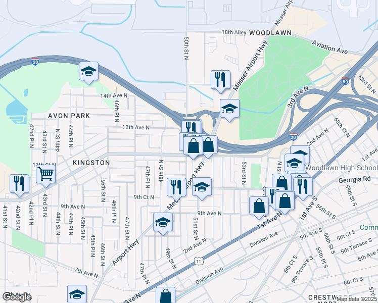 map of restaurants, bars, coffee shops, grocery stores, and more near 976 50th Street North in Birmingham
