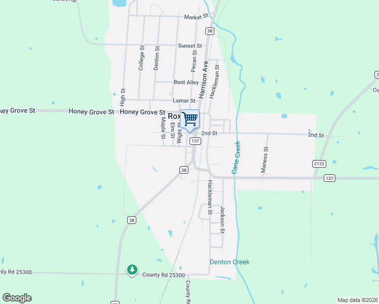 map of restaurants, bars, coffee shops, grocery stores, and more near 302-316 Pecan St in Roxton