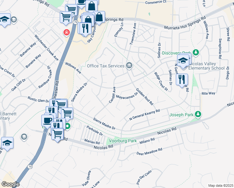 map of restaurants, bars, coffee shops, grocery stores, and more near 30262 Mayacamas Drive in Murrieta