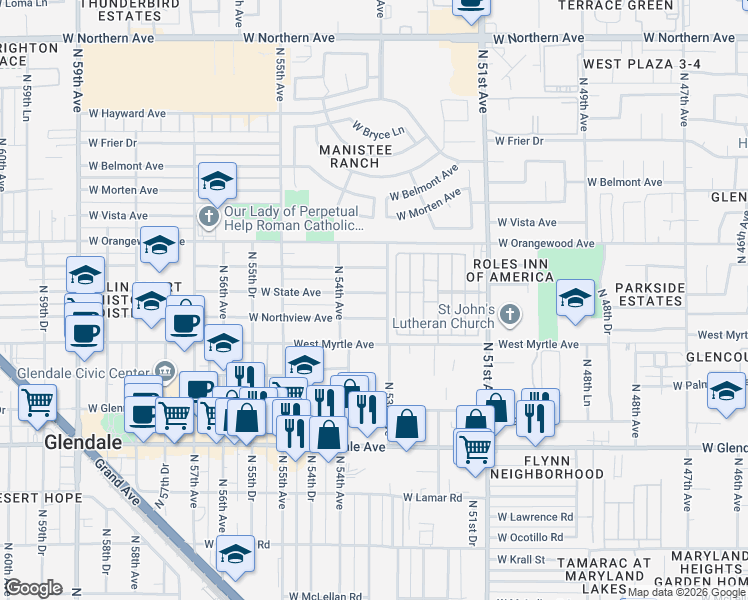map of restaurants, bars, coffee shops, grocery stores, and more near 5301 West Northview Avenue in Glendale