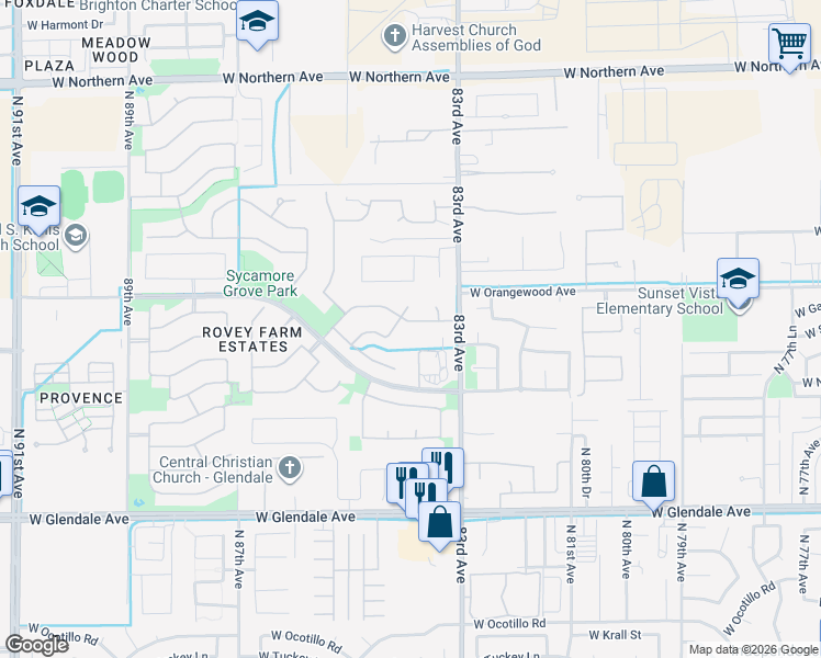 map of restaurants, bars, coffee shops, grocery stores, and more near 7348 North 83rd Avenue in Glendale