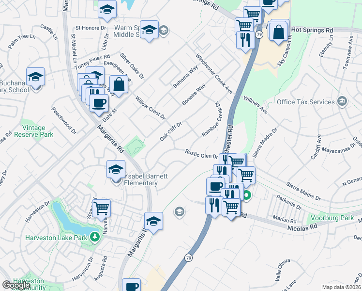 map of restaurants, bars, coffee shops, grocery stores, and more near 39634 Rustic Glen Drive in Temecula