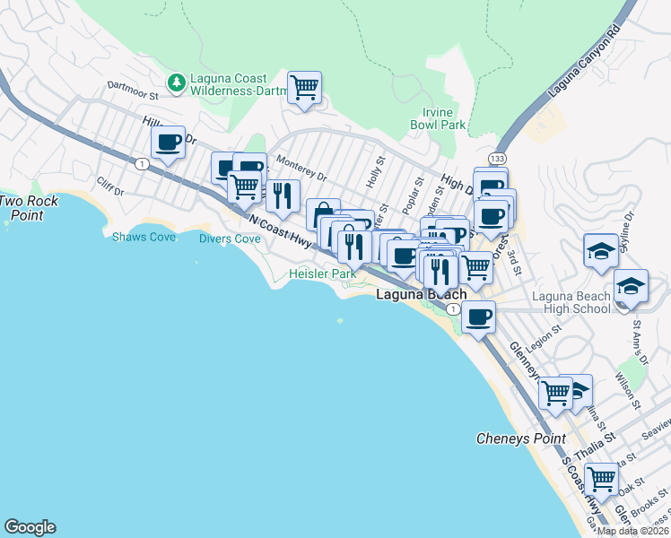 map of restaurants, bars, coffee shops, grocery stores, and more near 358 Cliff Drive in Laguna Beach