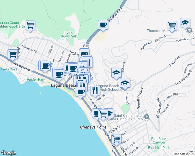 map of restaurants, bars, coffee shops, grocery stores, and more near 384 Loma Terrace in Laguna Beach