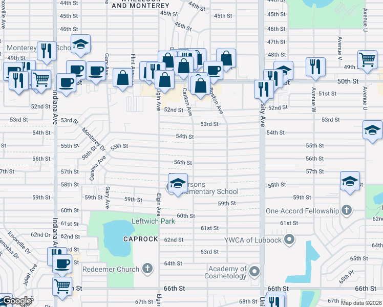 map of restaurants, bars, coffee shops, grocery stores, and more near 2801 55th Street in Lubbock