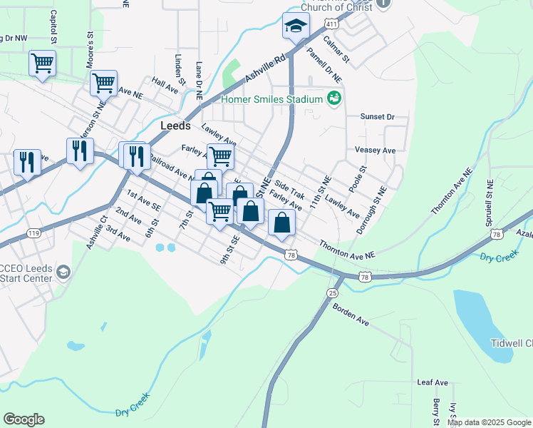 map of restaurants, bars, coffee shops, grocery stores, and more near 933 Thornton Avenue Northeast in Leeds