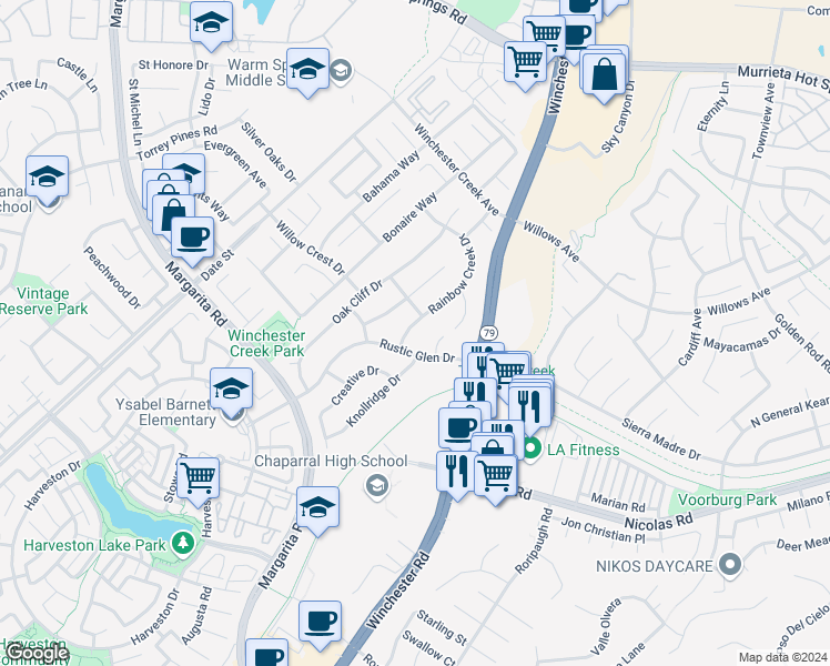 map of restaurants, bars, coffee shops, grocery stores, and more near 27186 Rainbow Creek Drive in Temecula