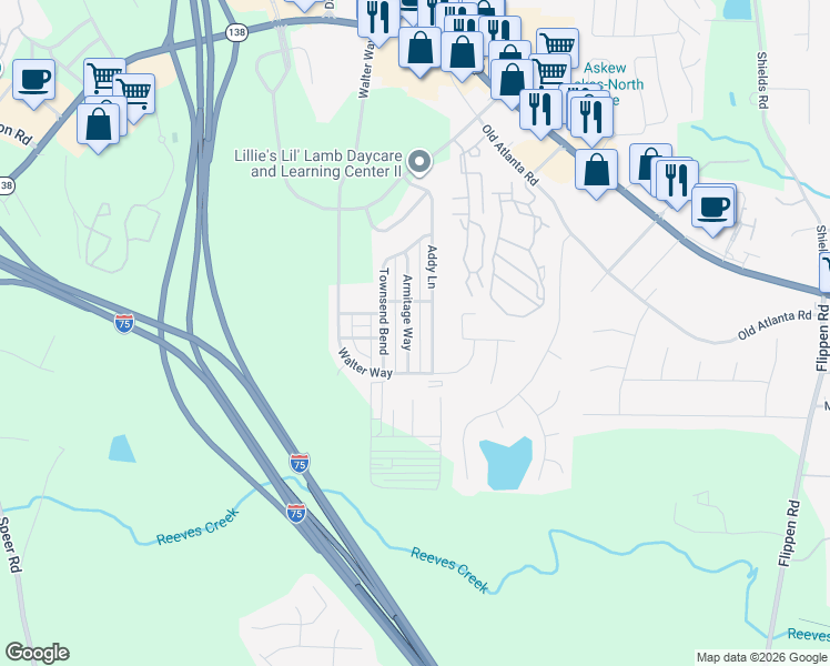map of restaurants, bars, coffee shops, grocery stores, and more near 692 Armitage Way in Stockbridge