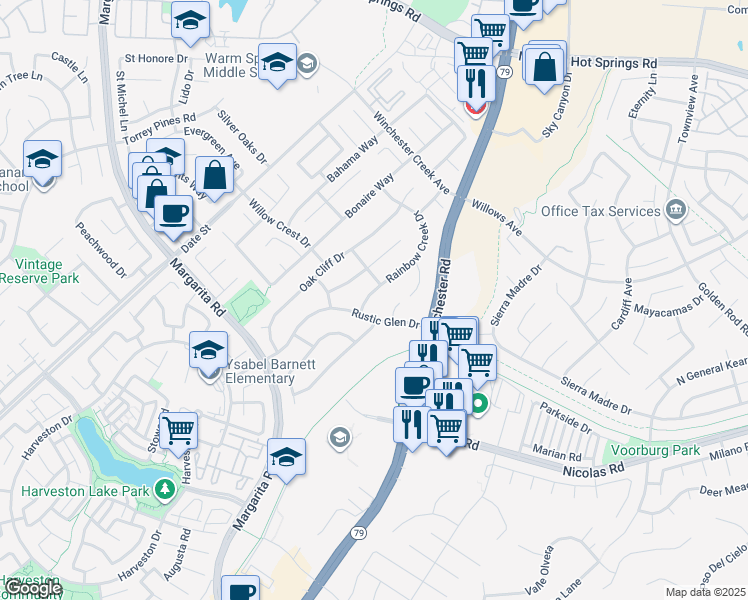 map of restaurants, bars, coffee shops, grocery stores, and more near 27186 Rainbow Creek Drive in Temecula