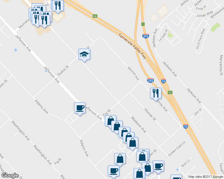 map of restaurants, bars, coffee shops, grocery stores, and more near 25930 Madison Avenue in Murrieta