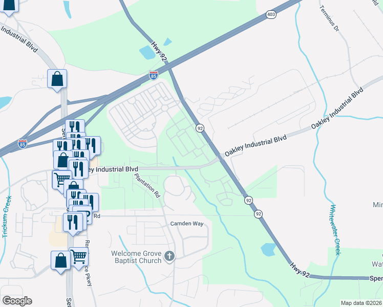 map of restaurants, bars, coffee shops, grocery stores, and more near 3591-7401 Highway 92 in Fairburn