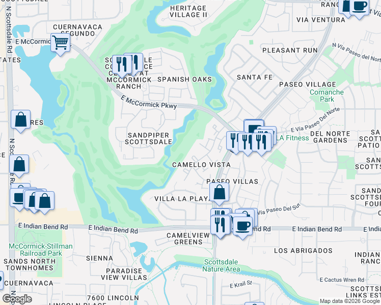 map of restaurants, bars, coffee shops, grocery stores, and more near 7344 North Vía Camello Del Norte in Scottsdale