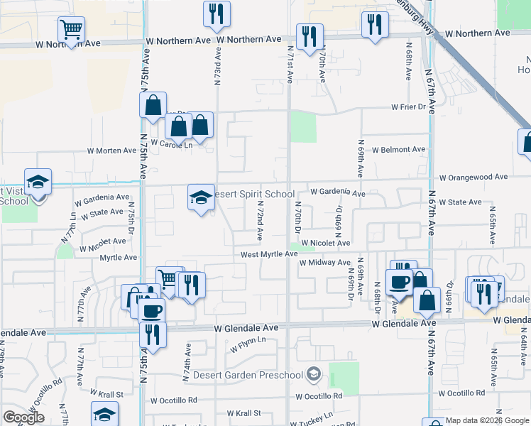 map of restaurants, bars, coffee shops, grocery stores, and more near 7346 North 72nd Avenue in Glendale