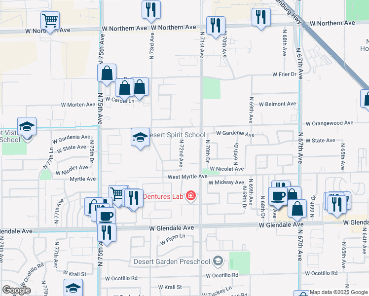 map of restaurants, bars, coffee shops, grocery stores, and more near 7346 North 72nd Avenue in Glendale