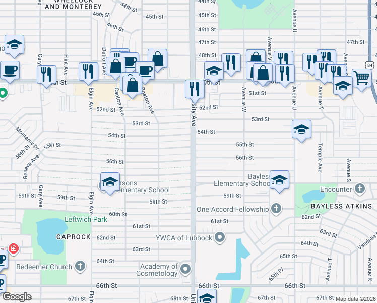 map of restaurants, bars, coffee shops, grocery stores, and more near 2504 55th Street in Lubbock