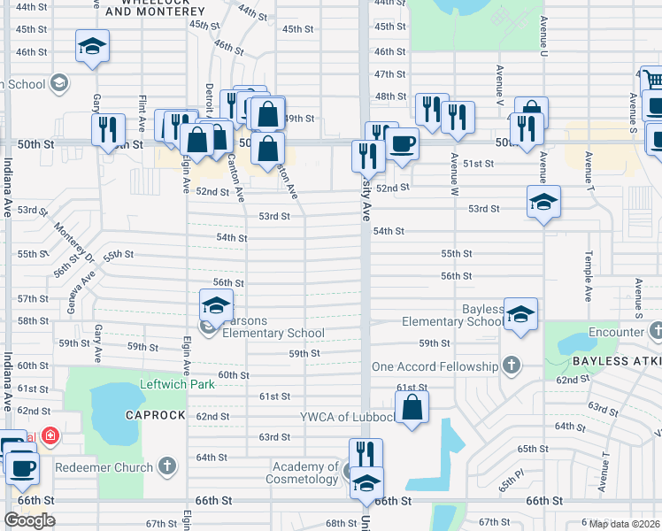 map of restaurants, bars, coffee shops, grocery stores, and more near 2511-2513 54th Street in Lubbock