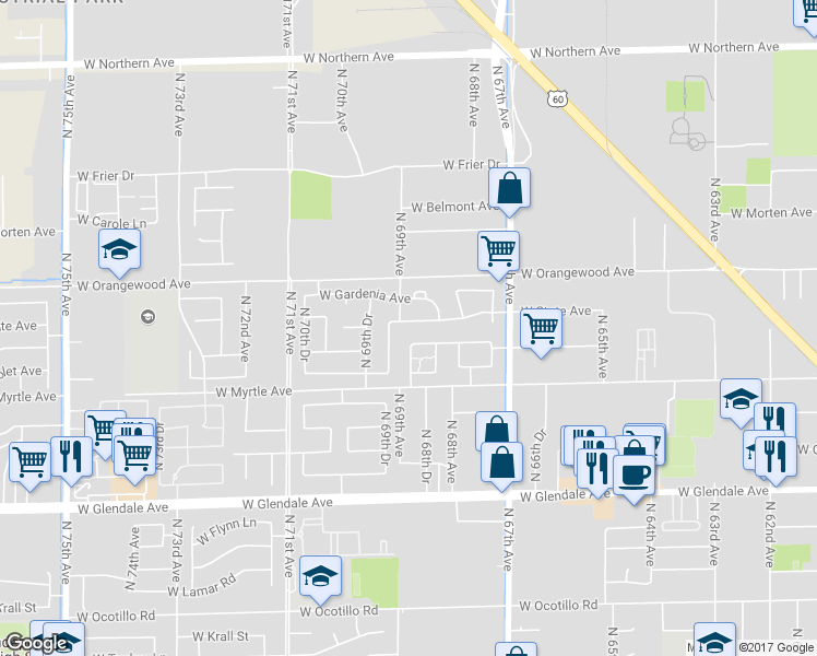 map of restaurants, bars, coffee shops, grocery stores, and more near 6903 West Gardenia Avenue in Glendale