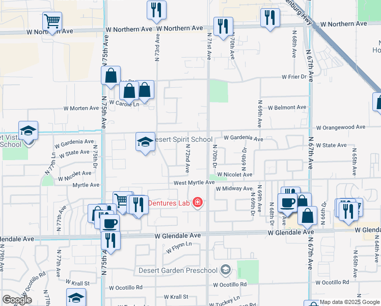 map of restaurants, bars, coffee shops, grocery stores, and more near 7346 North 72nd Avenue in Glendale