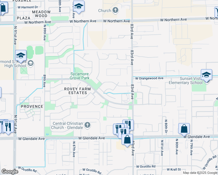 map of restaurants, bars, coffee shops, grocery stores, and more near 8404 West Gardenia Avenue in Glendale