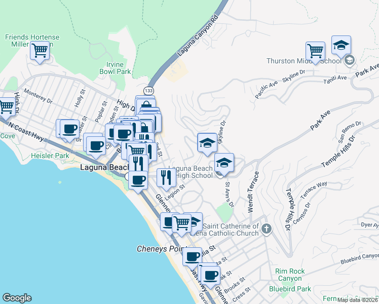 map of restaurants, bars, coffee shops, grocery stores, and more near 499 Hilledge Drive in Laguna Beach